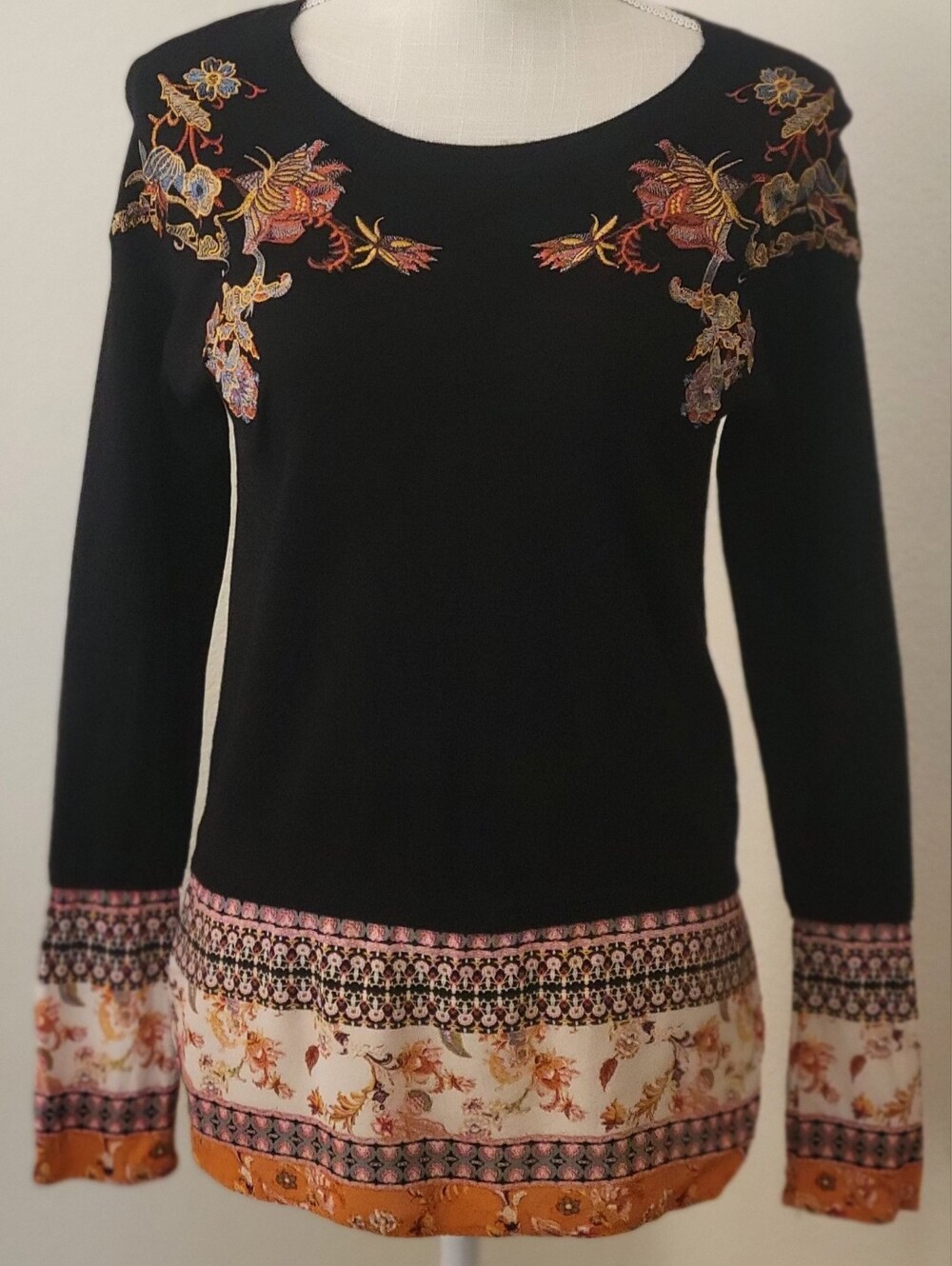 Desigual "Noor" Boho Embroidered Mixed Media Knit Sweater XS